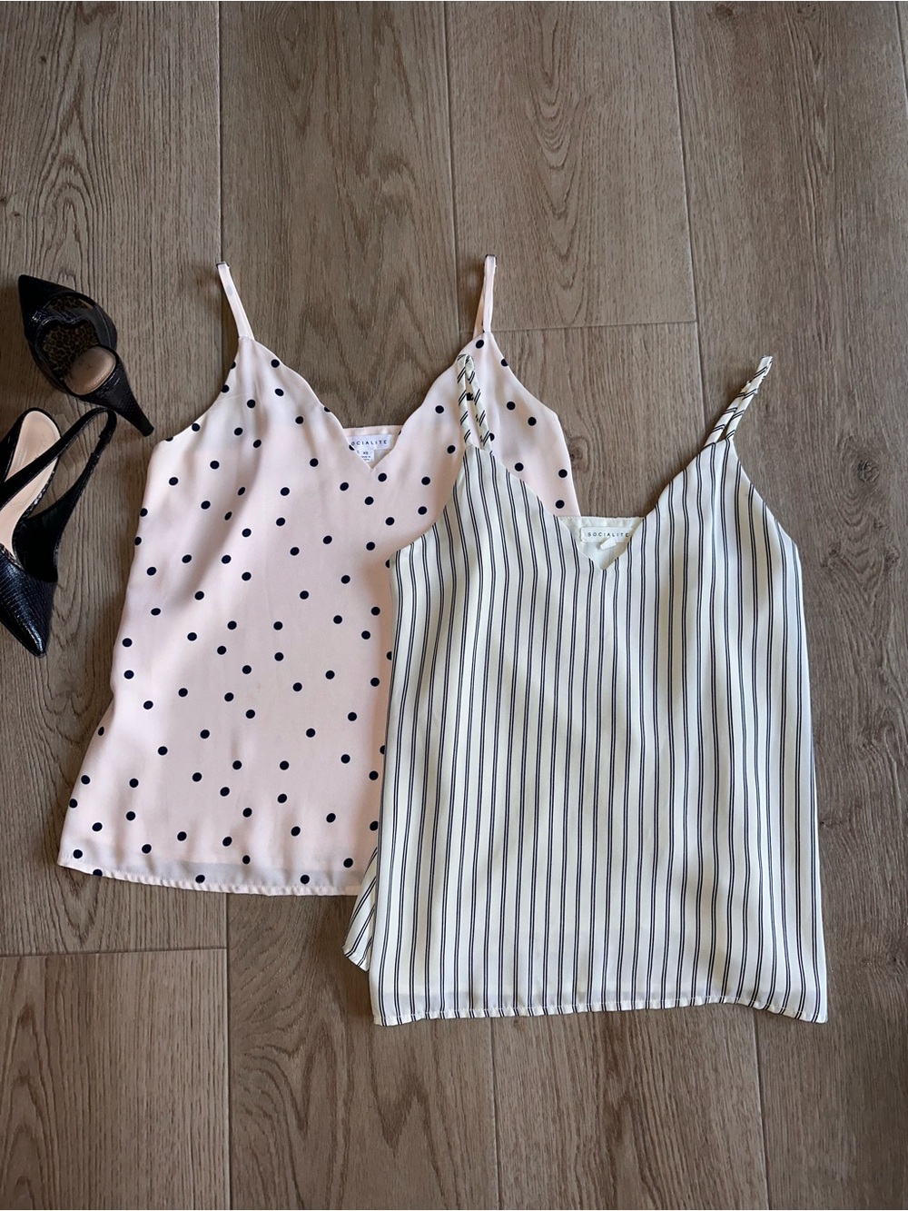 Socialite 2-Pack Satin Cami Set - Pink Polka Dot & Cream Striped
